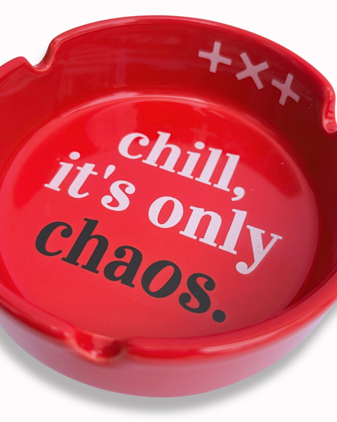 DISORDER red ceramic ashtray side angle showing depth and gloss finish