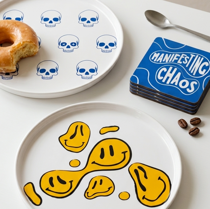 A styled tabletop arrangement featuring two white ceramic plates with printed designs, a blue stack of coasters reading 'Manifesting Chaos,' a spoon, and coffee beans on a light neutral surface.